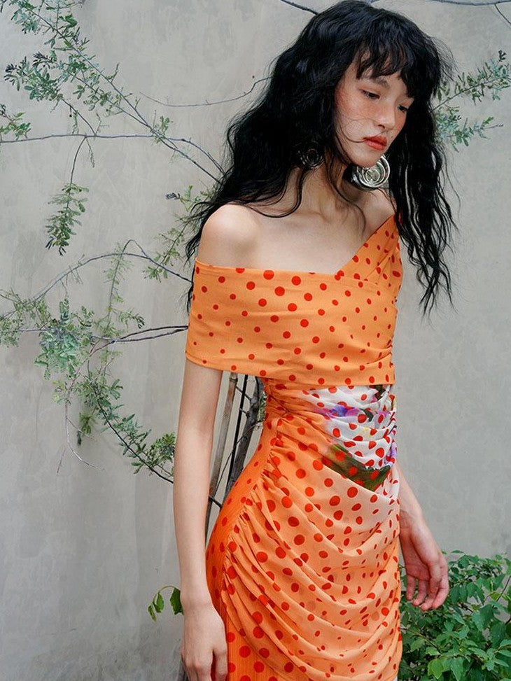 badtaste Orange Polka Dot Off Shoulder Multiway Slim Women's Beach Maxi Dresses