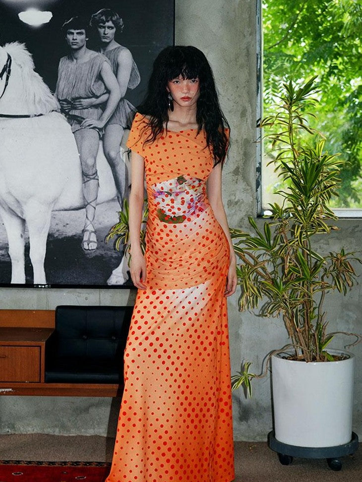 badtaste Orange Polka Dot Off Shoulder Multiway Slim Women's Beach Maxi Dresses