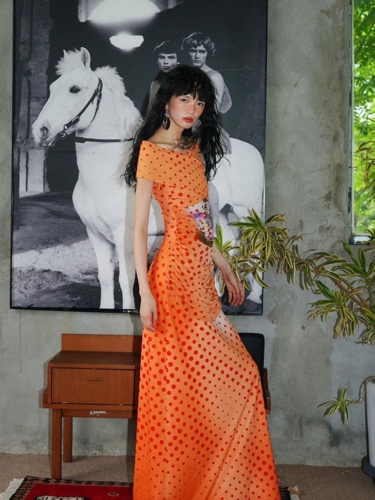 badtaste Orange Polka Dot Off Shoulder Multiway Slim Women's Beach Maxi Dresses