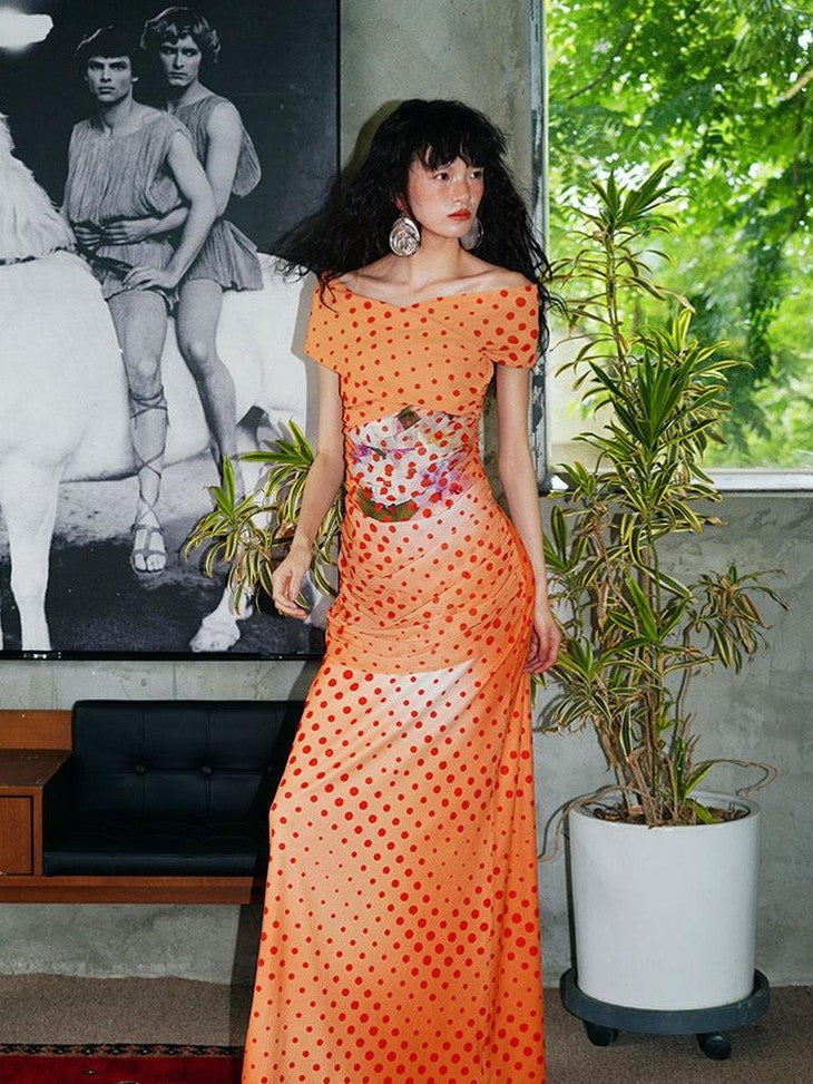 badtaste Orange Polka Dot Off Shoulder Multiway Slim Women's Beach Maxi Dresses