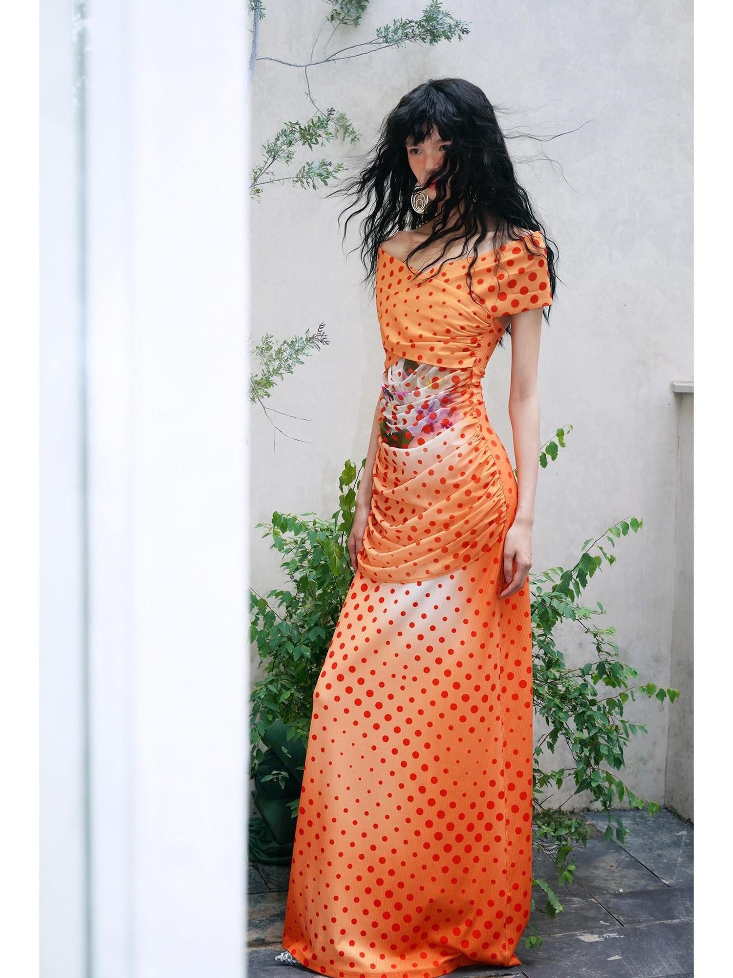 badtaste Orange Polka Dot Off Shoulder Multiway Slim Women's Beach Maxi Dresses