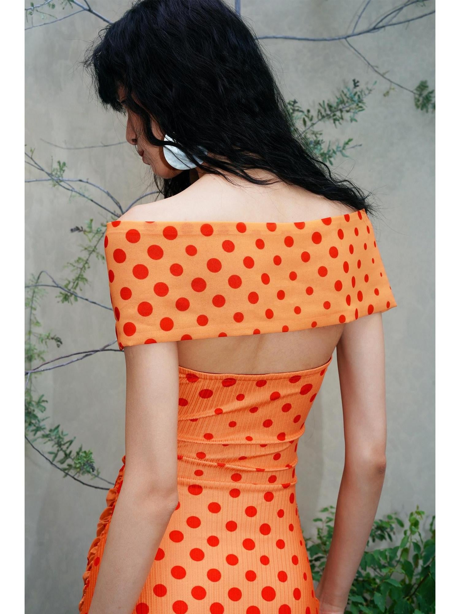 badtaste Orange Polka Dot Off Shoulder Multiway Slim Women's Beach Maxi Dresses