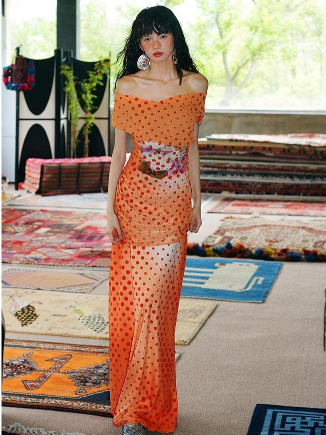 badtaste Orange Polka Dot Off Shoulder Multiway Slim Women's Beach Maxi Dresses