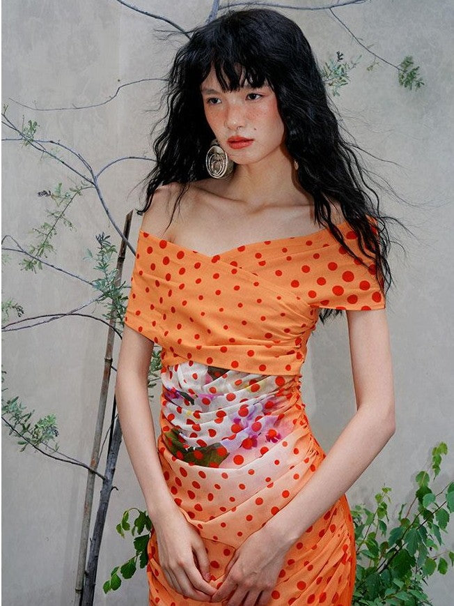 badtaste Orange Polka Dot Off Shoulder Multiway Slim Women's Beach Maxi Dresses