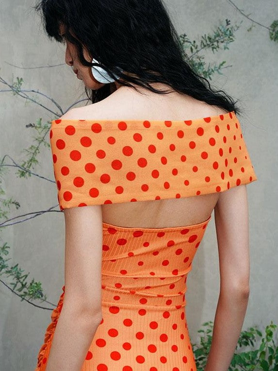 badtaste Orange Polka Dot Off Shoulder Multiway Slim Women's Beach Maxi Dresses