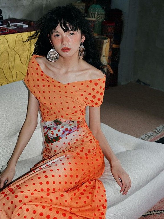 badtaste Orange Polka Dot Off Shoulder Multiway Slim Women's Beach Maxi Dresses