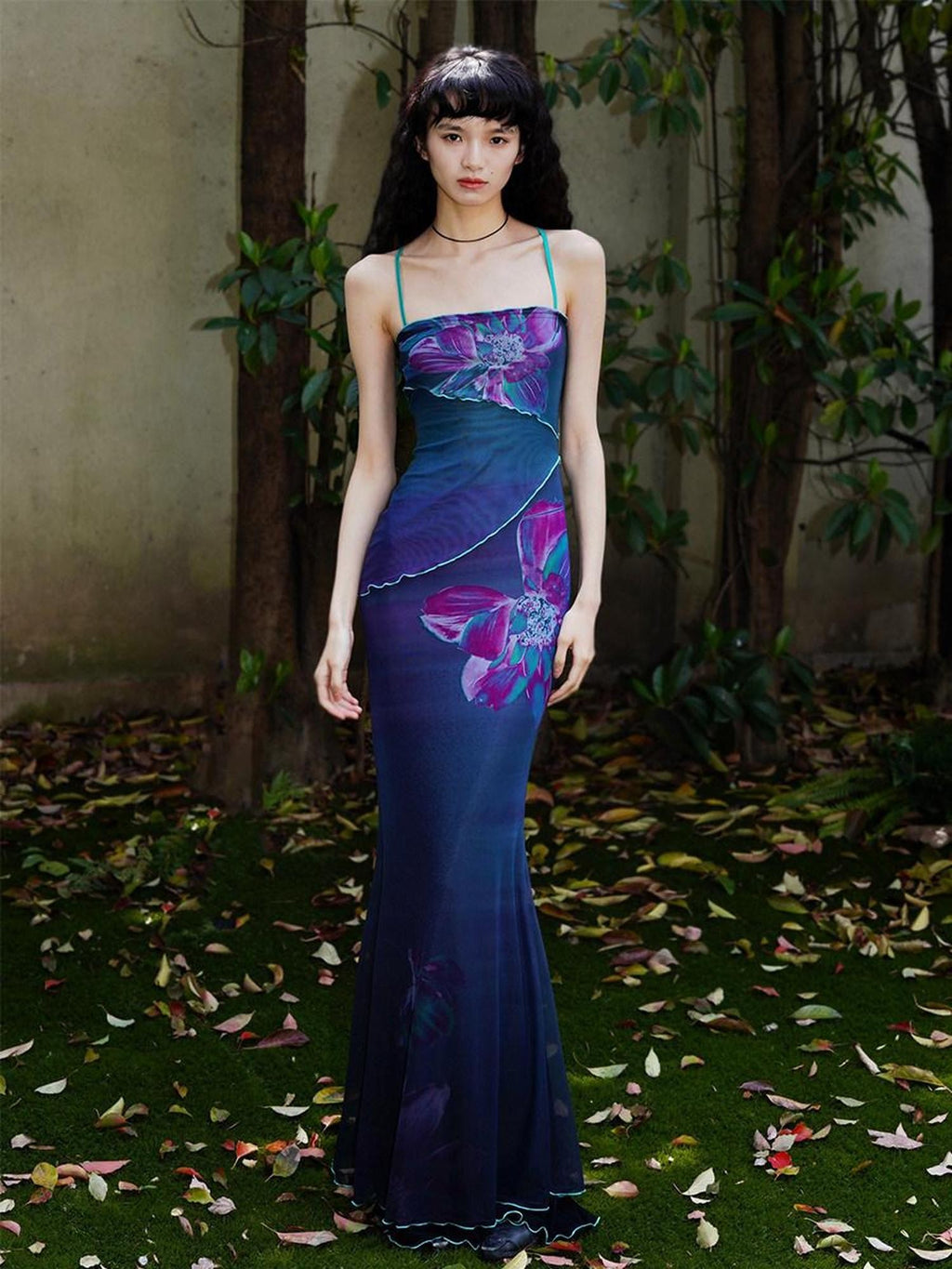 badtaste Oriental Print Spaghetti Strap Vintage Slim Women's Mesh Slip Maxi Dresses