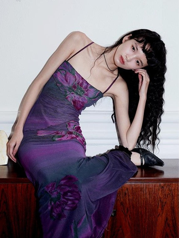 badtaste Oriental Print Spaghetti Strap Vintage Slim Women's Mesh Slip Maxi Dresses