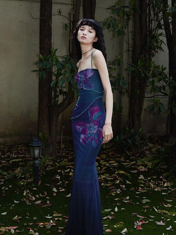 badtaste Oriental Print Spaghetti Strap Vintage Slim Women's Mesh Slip Maxi Dresses