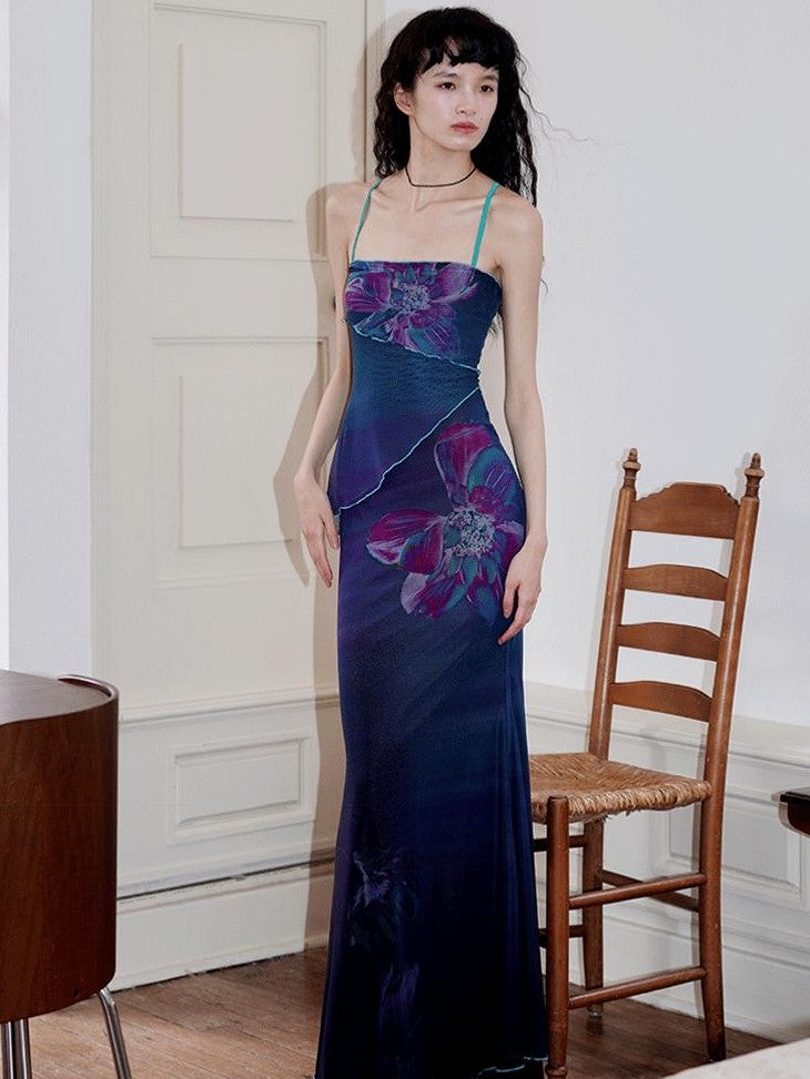 badtaste Oriental Print Spaghetti Strap Vintage Slim Women's Mesh Slip Maxi Dresses