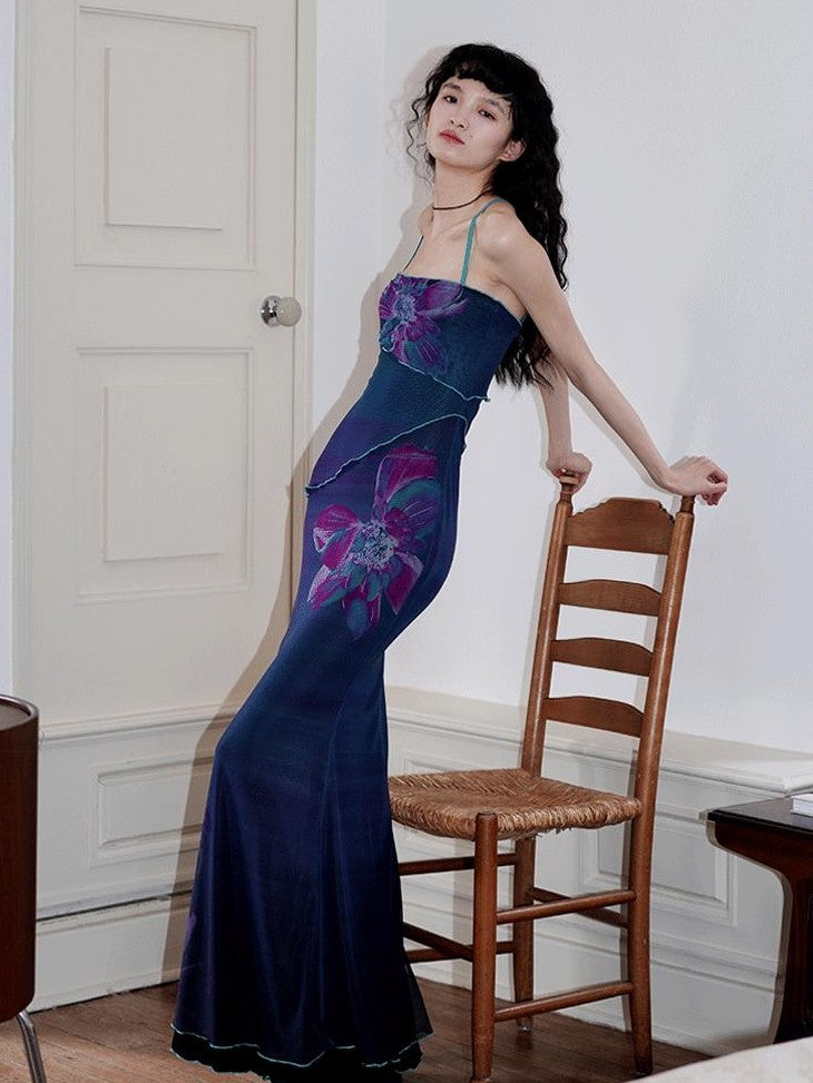 badtaste Oriental Print Spaghetti Strap Vintage Slim Women's Mesh Slip Maxi Dresses