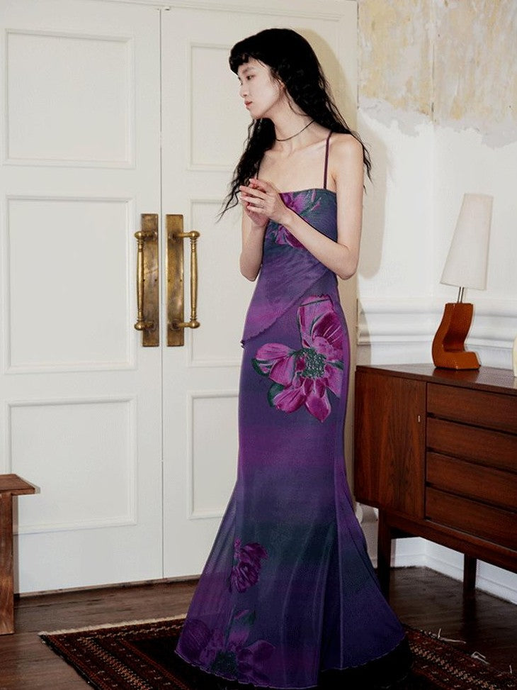 badtaste Oriental Print Spaghetti Strap Vintage Slim Women's Mesh Slip Maxi Dresses