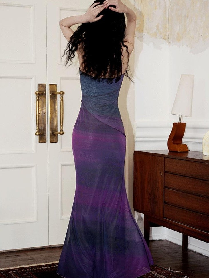 badtaste Oriental Print Spaghetti Strap Vintage Slim Women's Mesh Slip Maxi Dresses