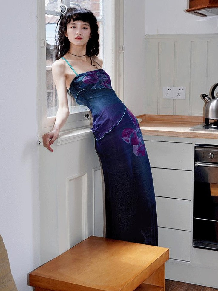 badtaste Oriental Print Spaghetti Strap Vintage Slim Women's Mesh Slip Maxi Dresses