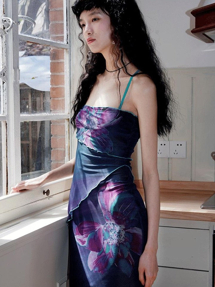 badtaste Oriental Print Spaghetti Strap Vintage Slim Women's Mesh Slip Maxi Dresses