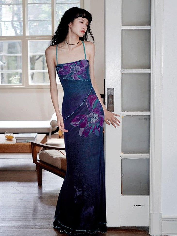 badtaste Oriental Print Spaghetti Strap Vintage Slim Women's Mesh Slip Maxi Dresses