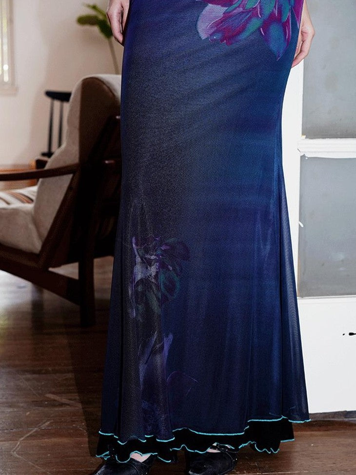badtaste Oriental Print Spaghetti Strap Vintage Slim Women's Mesh Slip Maxi Dresses
