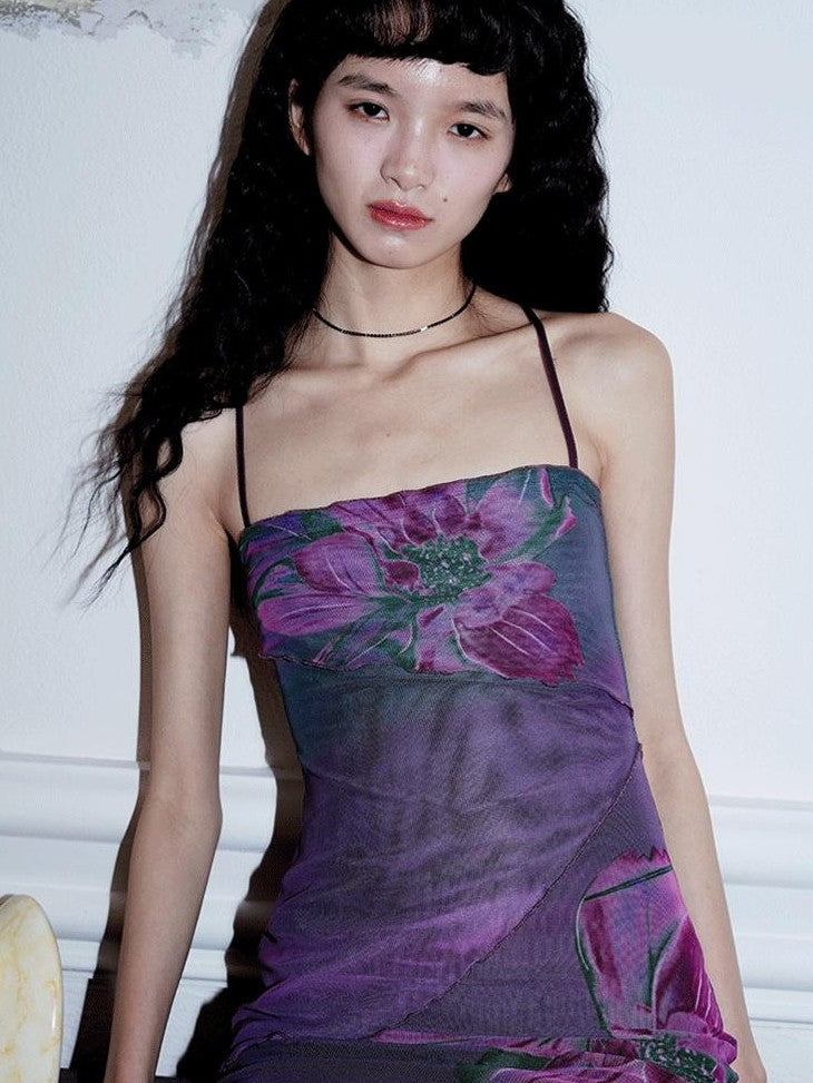 badtaste Oriental Print Spaghetti Strap Vintage Slim Women's Mesh Slip Maxi Dresses