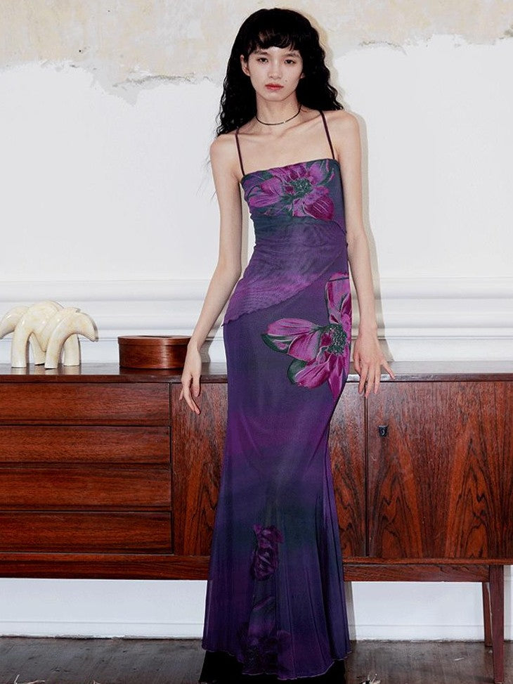 badtaste Oriental Print Spaghetti Strap Vintage Slim Women's Mesh Slip Maxi Dresses