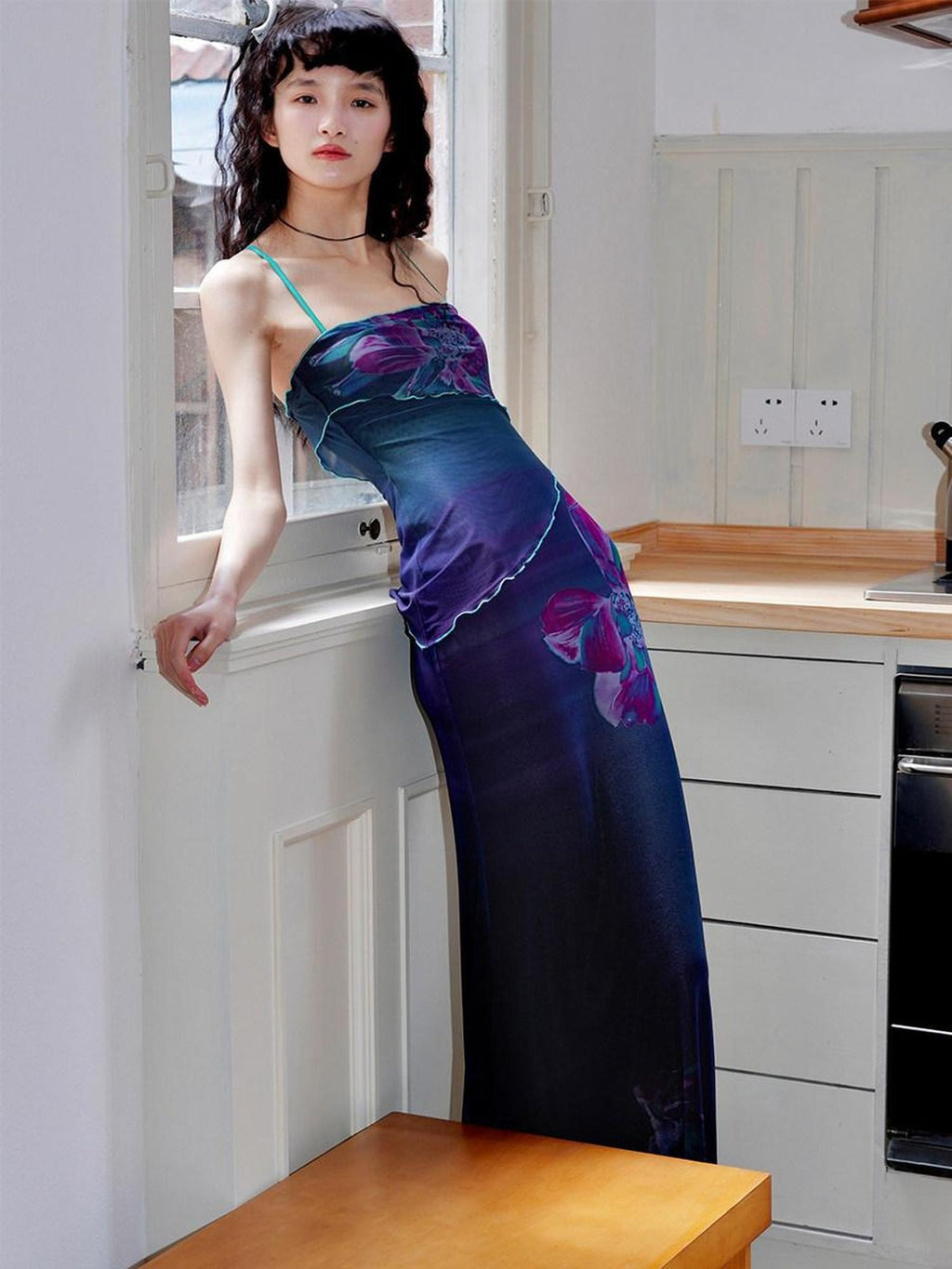 badtaste Oriental Print Spaghetti Strap Vintage Slim Women's Mesh Slip Maxi Dresses