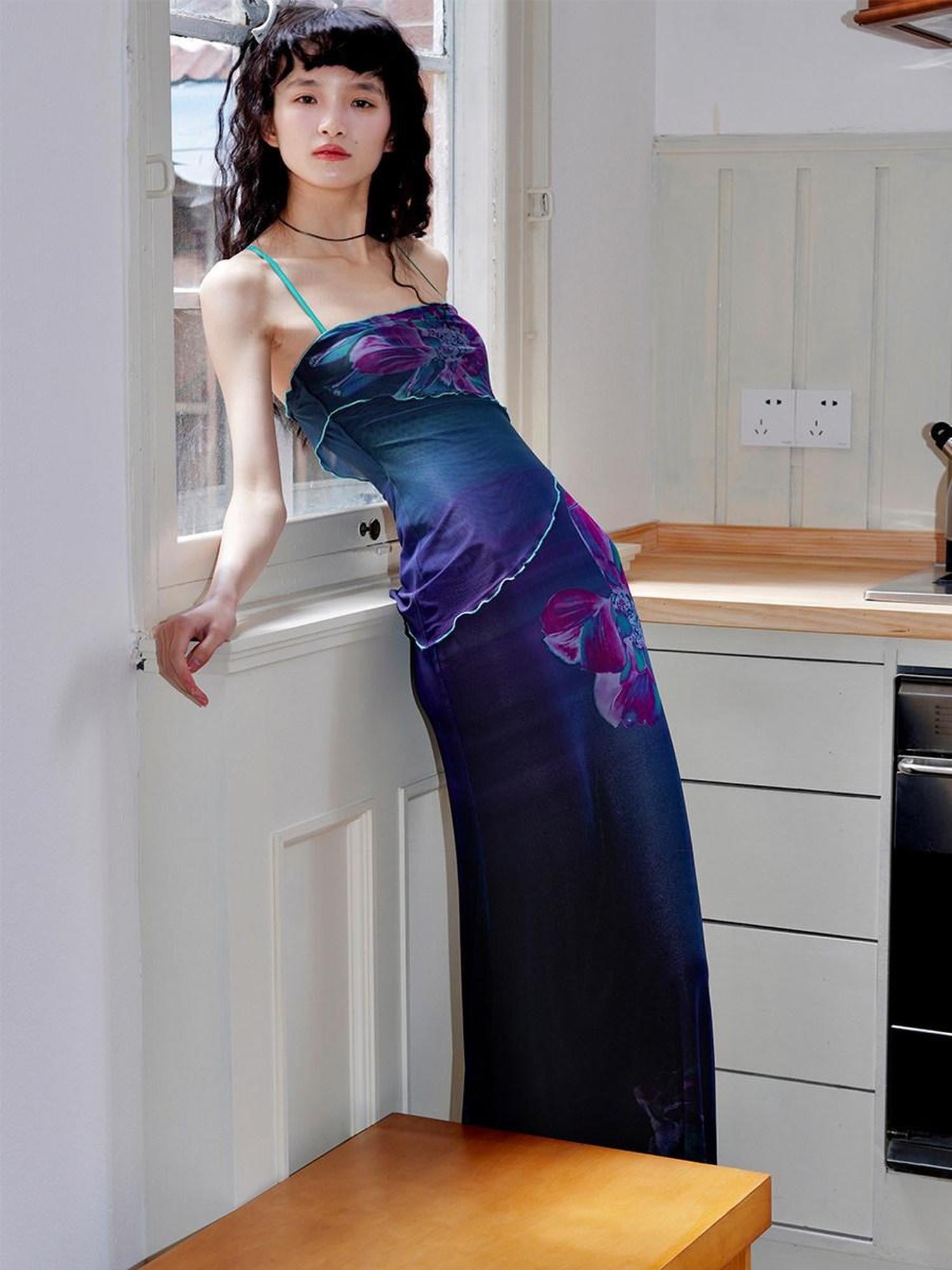 badtaste Oriental Print Spaghetti Strap Vintage Slim Women's Mesh Slip Maxi Dresses