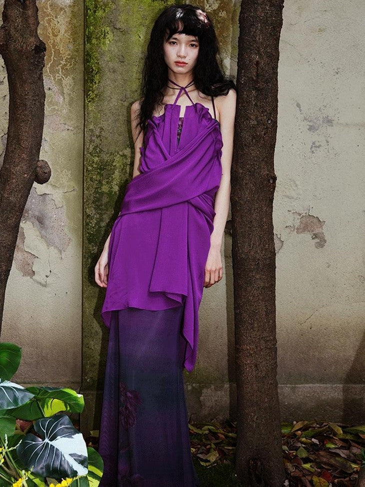 badtaste Oriental Print Spaghetti Strap Vintage Slim Women's Mesh Slip Maxi Dresses