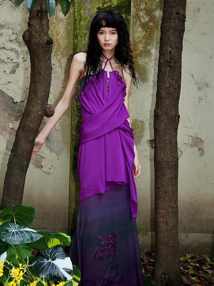 badtaste Oriental Print Spaghetti Strap Vintage Slim Women's Mesh Slip Maxi Dresses