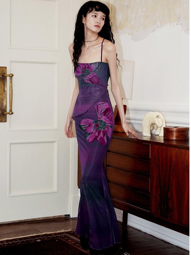 badtaste Oriental Print Spaghetti Strap Vintage Slim Women's Mesh Slip Maxi Dresses