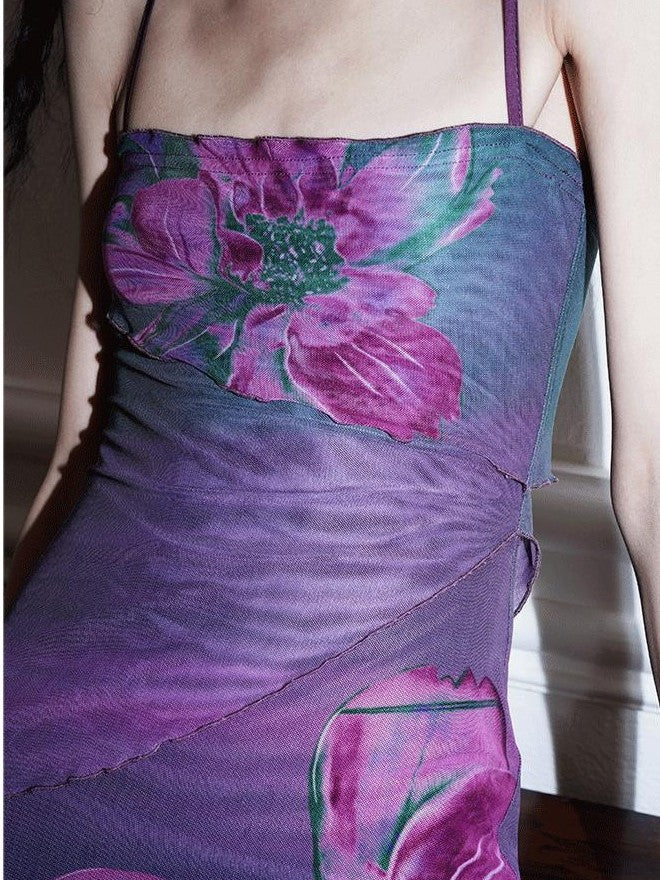 badtaste Oriental Print Spaghetti Strap Vintage Slim Women's Mesh Slip Maxi Dresses