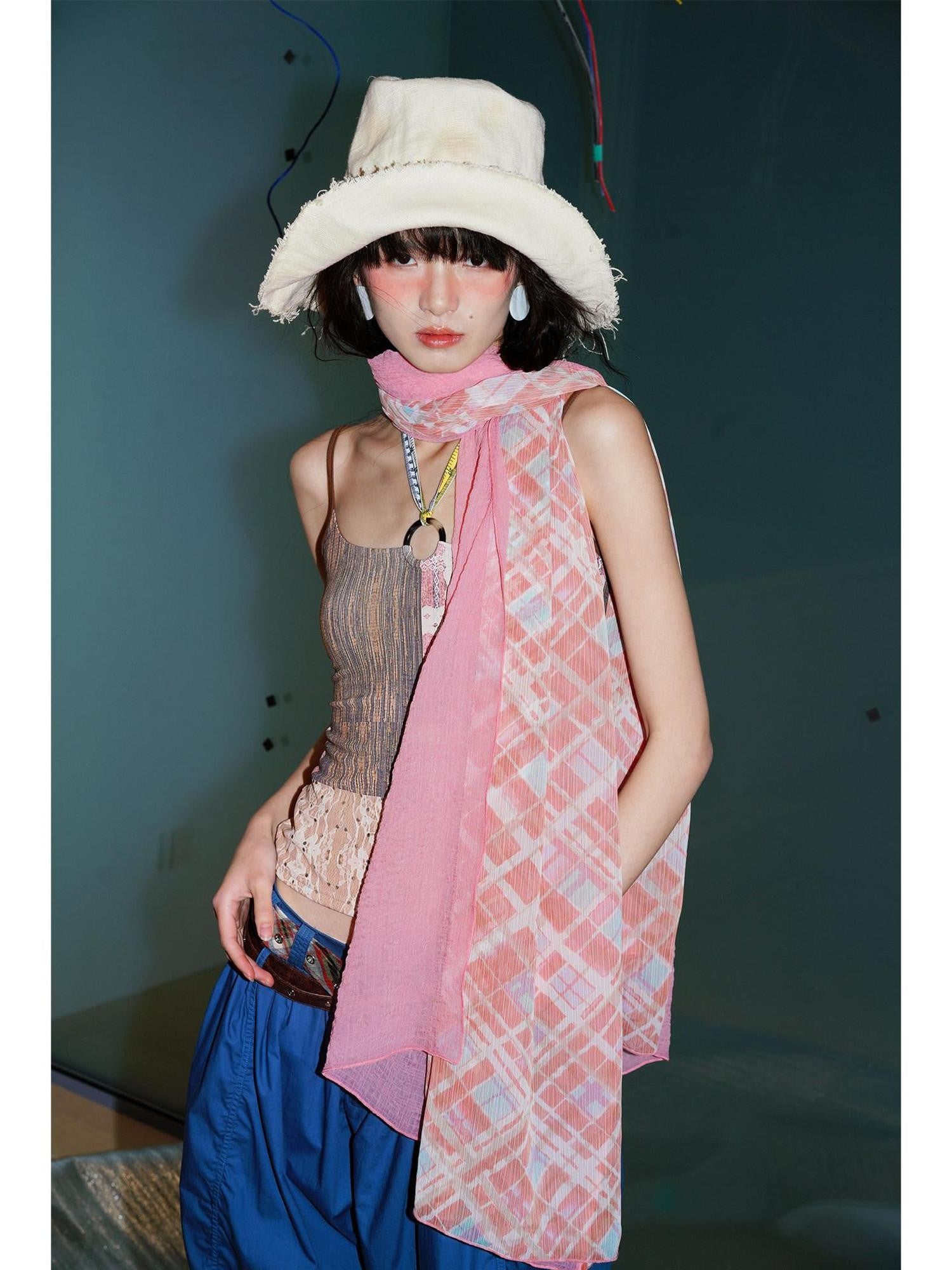 badtaste Oversized Checked Colorblock Pleated Semi Sheer Women's Silk Scarves & Shawls