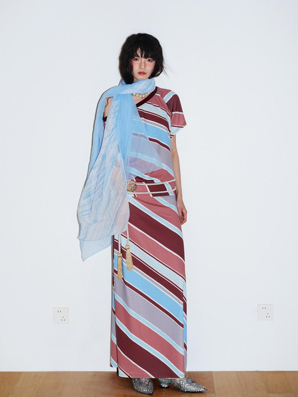 badtaste Oversized Checked Colorblock Pleated Semi Sheer Women's Silk Scarves & Shawls