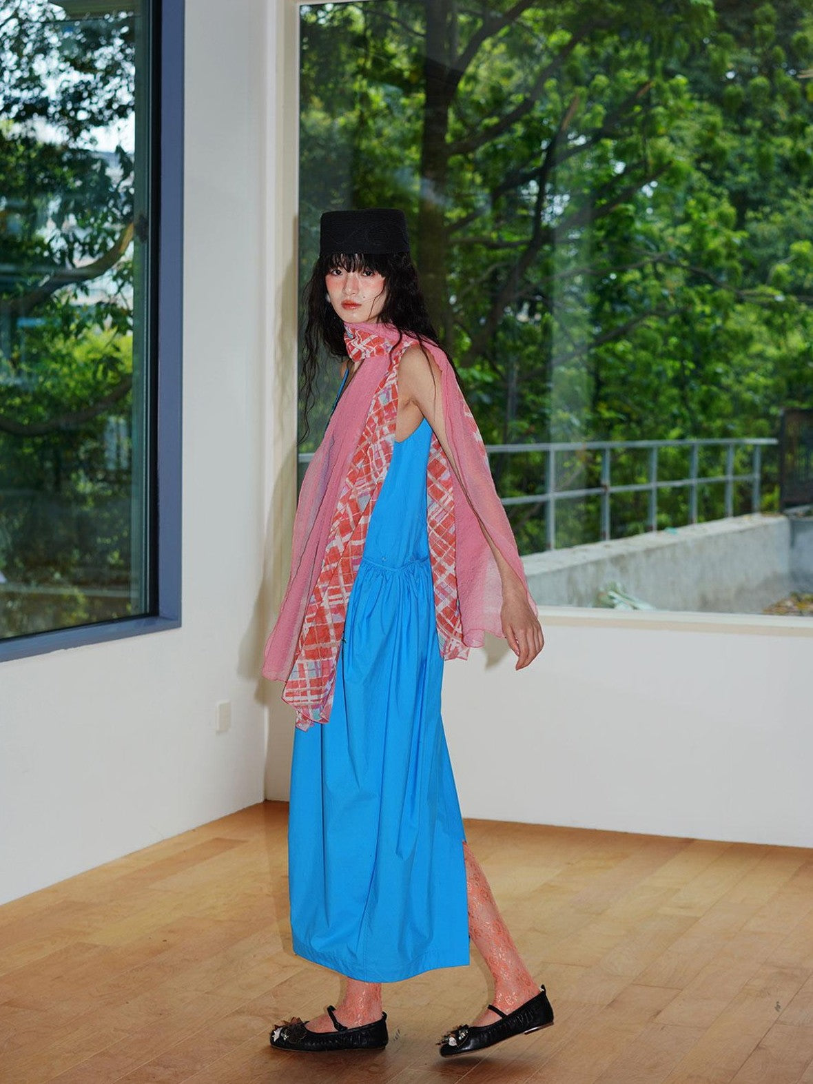 badtaste Oversized Checked Colorblock Pleated Semi Sheer Women's Silk Scarves & Shawls