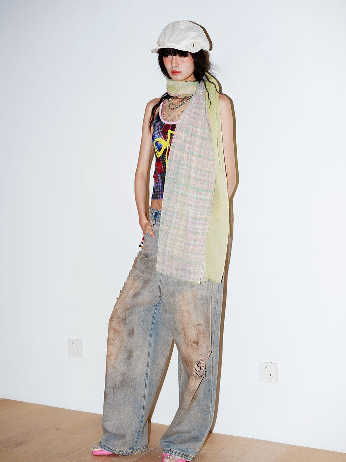 badtaste Oversized Checked Colorblock Pleated Semi Sheer Women's Silk Scarves & Shawls