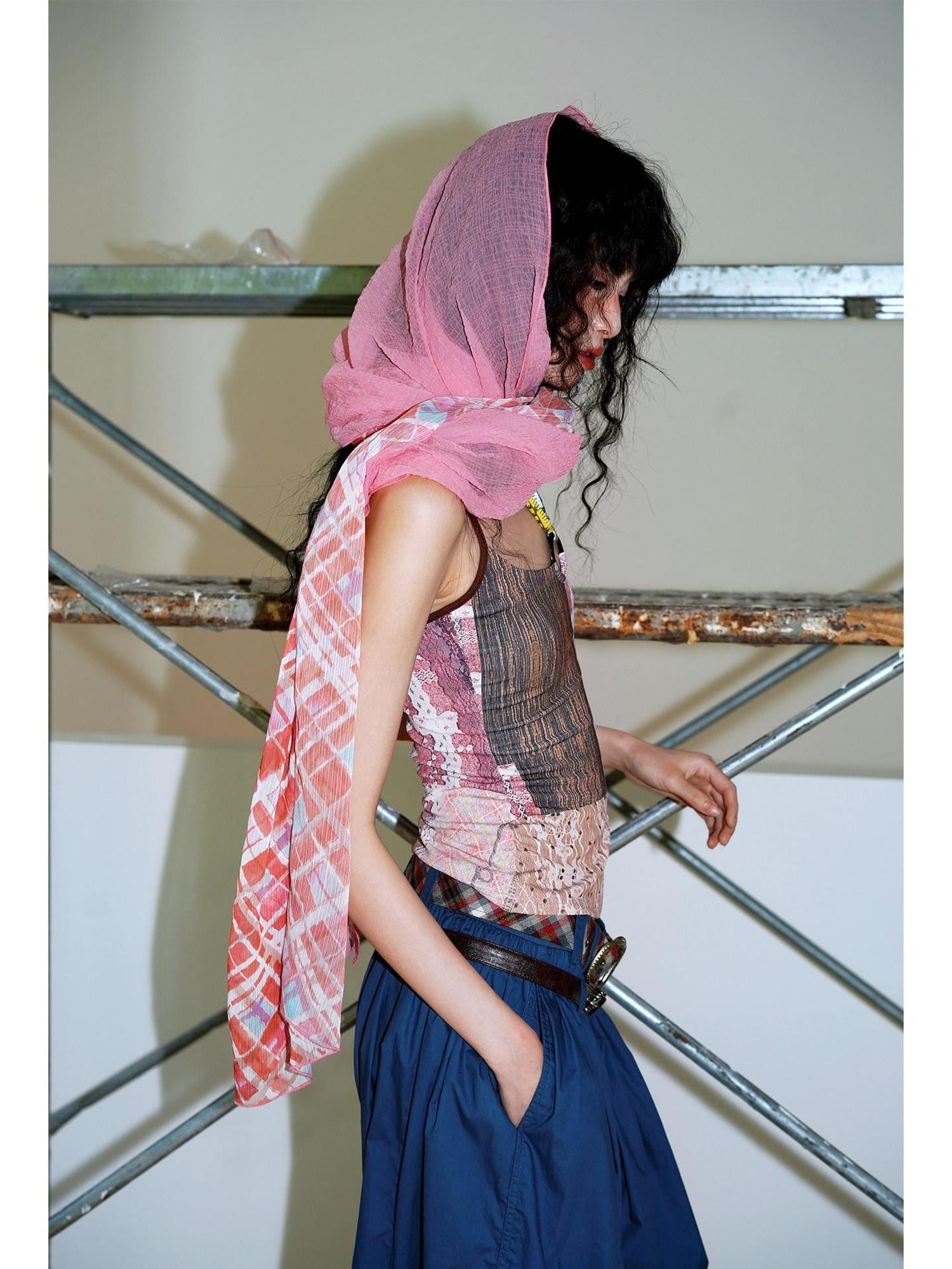 badtaste Oversized Checked Colorblock Pleated Semi Sheer Women's Silk Scarves & Shawls
