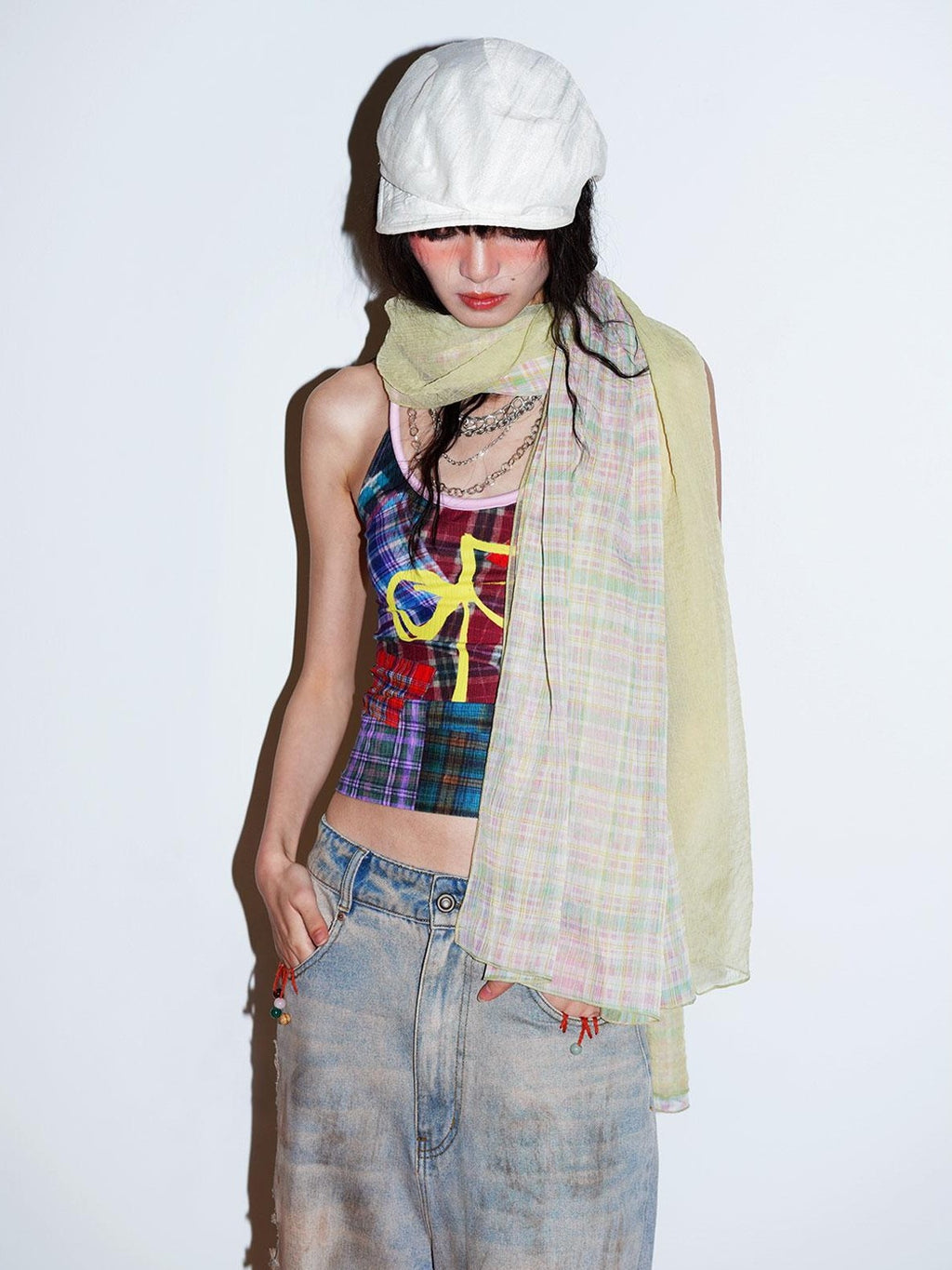 badtaste Oversized Checked Colorblock Pleated Semi Sheer Women's Silk Scarves & Shawls