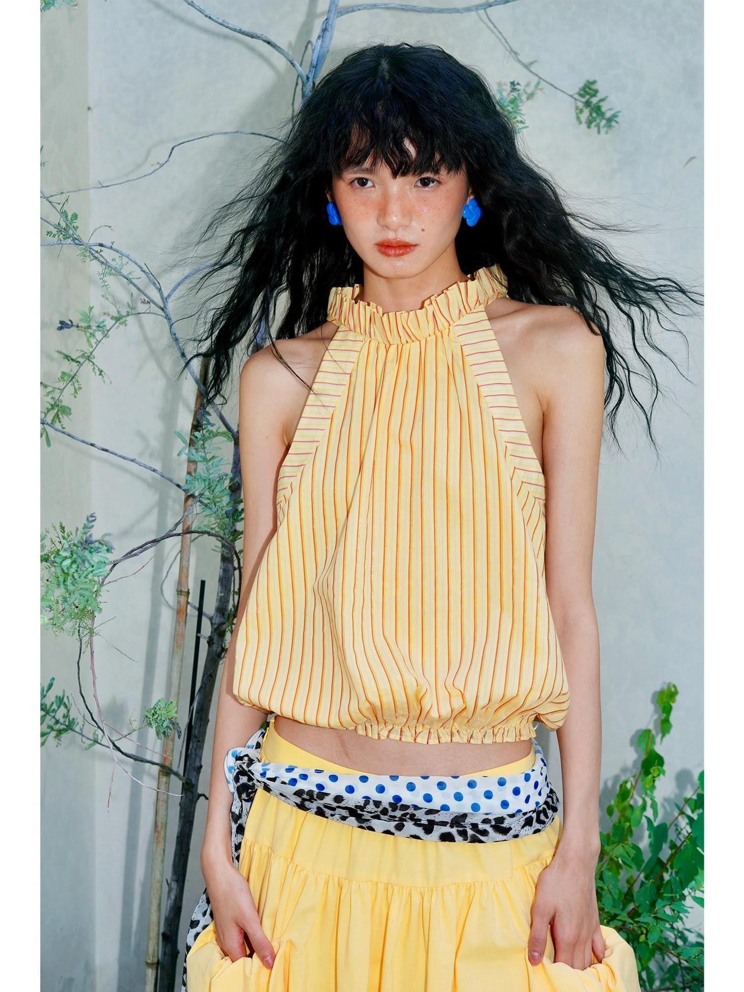 badtaste Pale Yellow Striped Ruched Elastic Bubble Hem Short Loose Women's Halter Tops