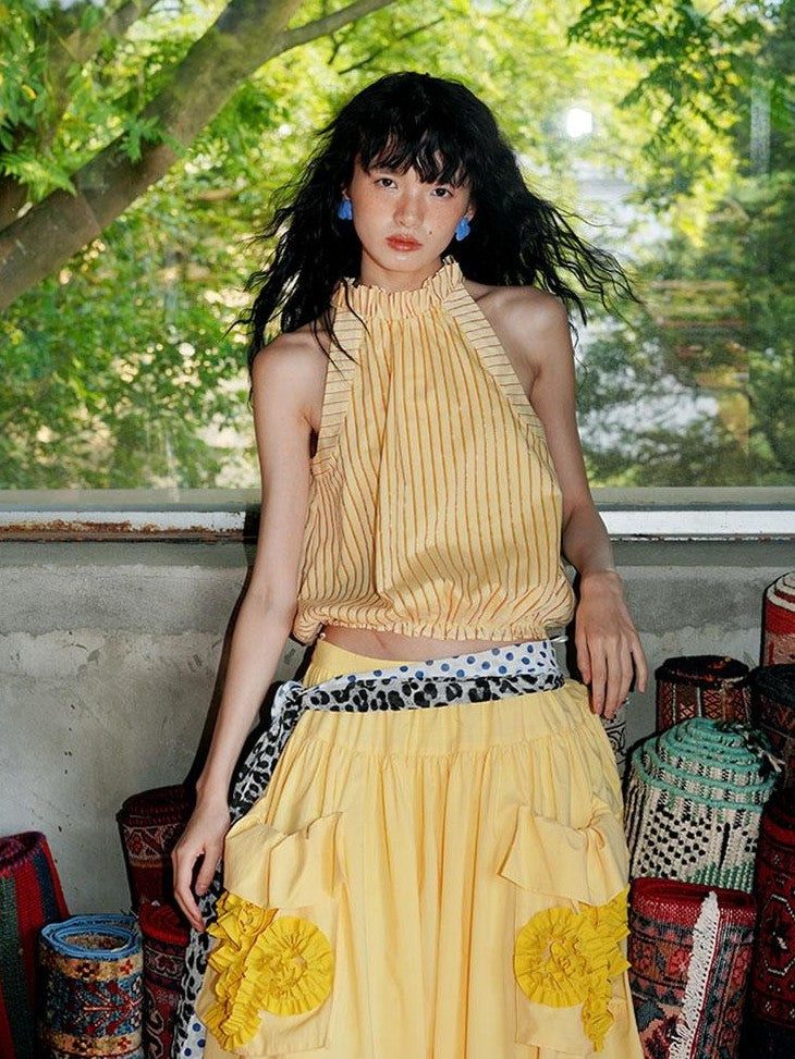 badtaste Pale Yellow Striped Ruched Elastic Bubble Hem Short Loose Women's Halter Tops