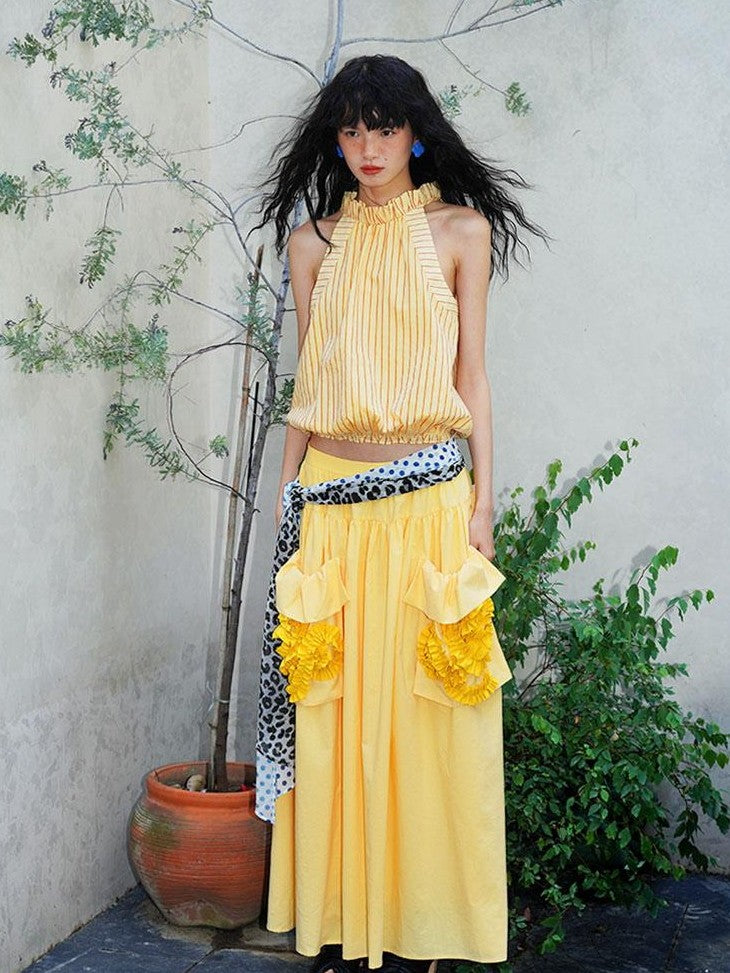 badtaste Pale Yellow Striped Ruched Elastic Bubble Hem Short Loose Women's Halter Tops