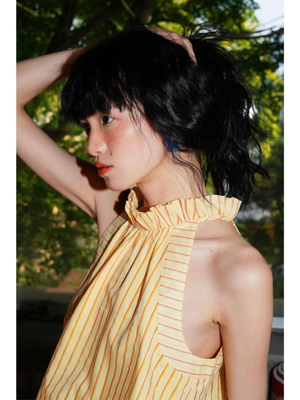 badtaste Pale Yellow Striped Ruched Elastic Bubble Hem Short Loose Women's Halter Tops