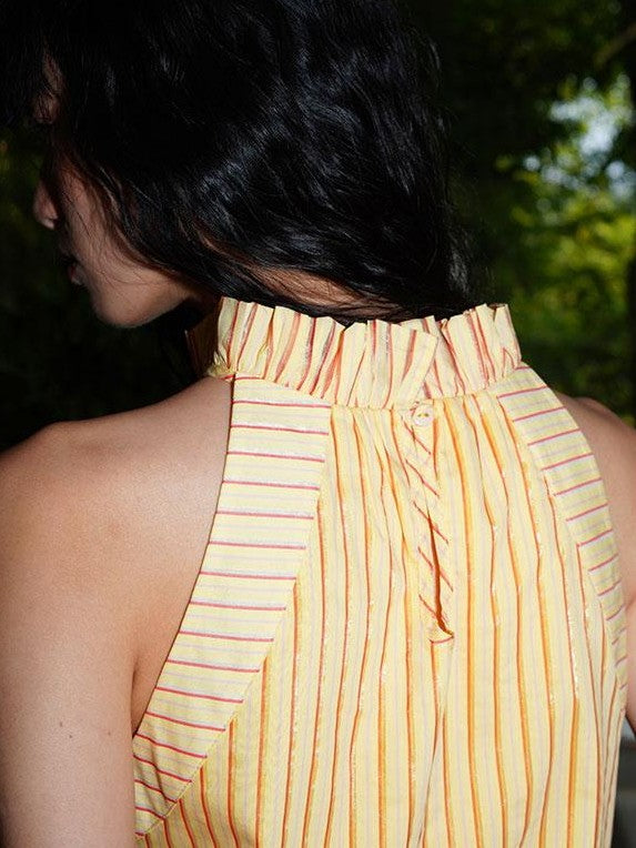 badtaste Pale Yellow Striped Ruched Elastic Bubble Hem Short Loose Women's Halter Tops