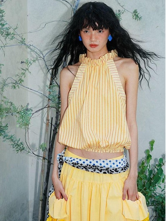 badtaste Pale Yellow Striped Ruched Elastic Bubble Hem Short Loose Women's Halter Tops