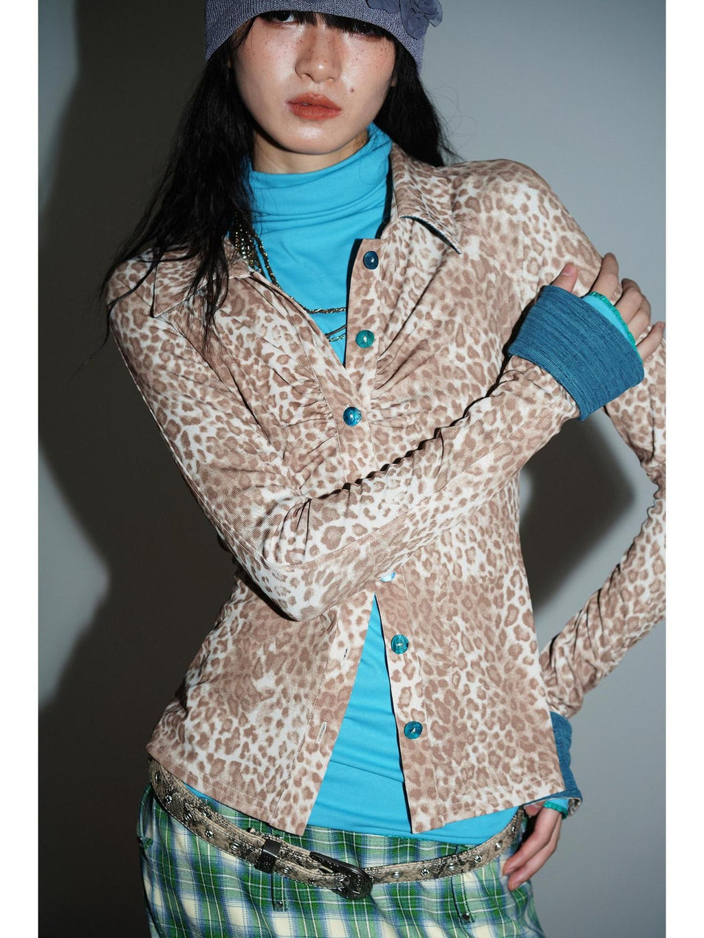 badtaste Patchwork Colorblock Retro Leopard Women's Knit Slim Fit Long Sleeve Overshirts