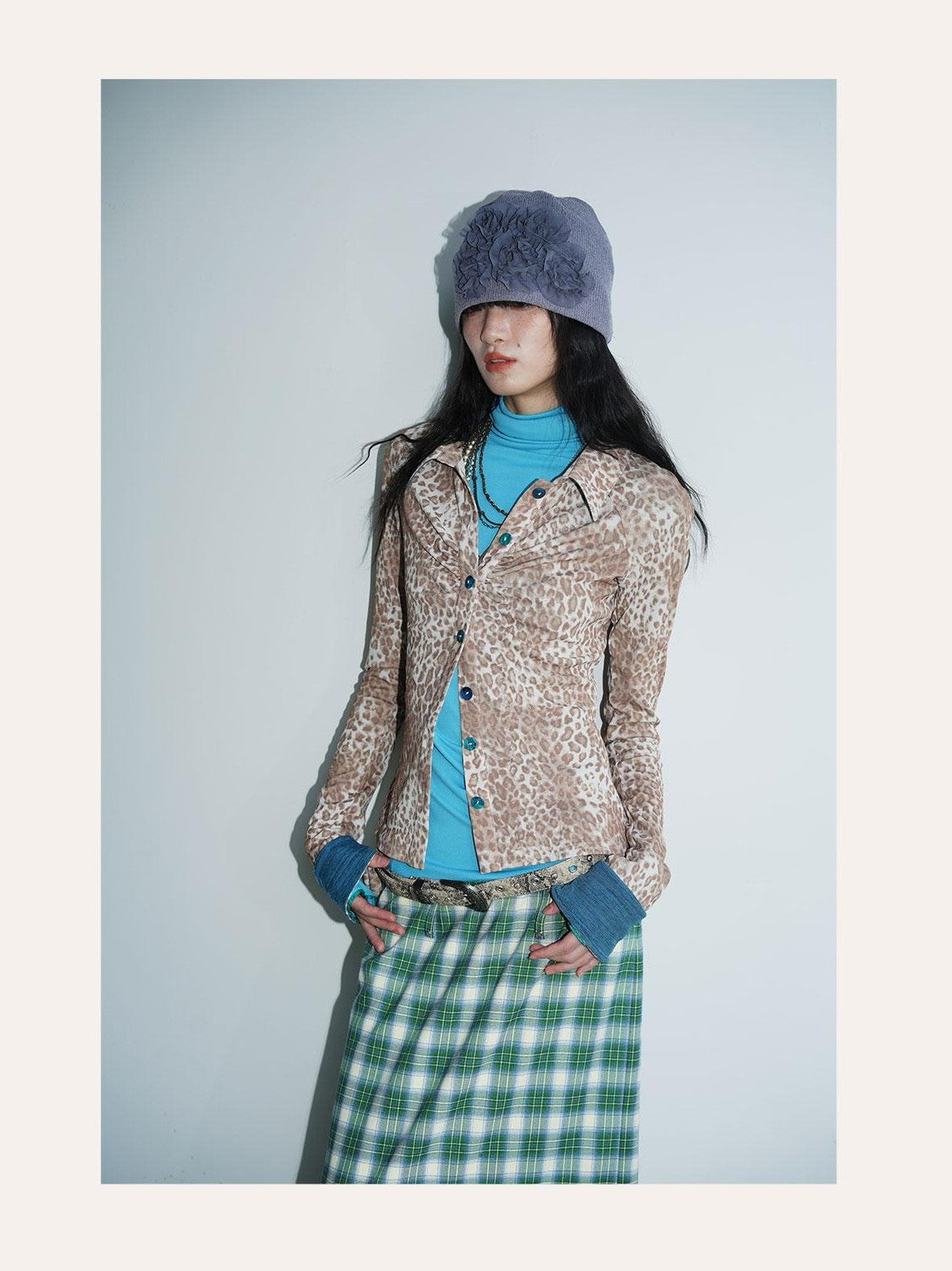 badtaste Patchwork Colorblock Retro Leopard Women's Knit Slim Fit Long Sleeve Overshirts