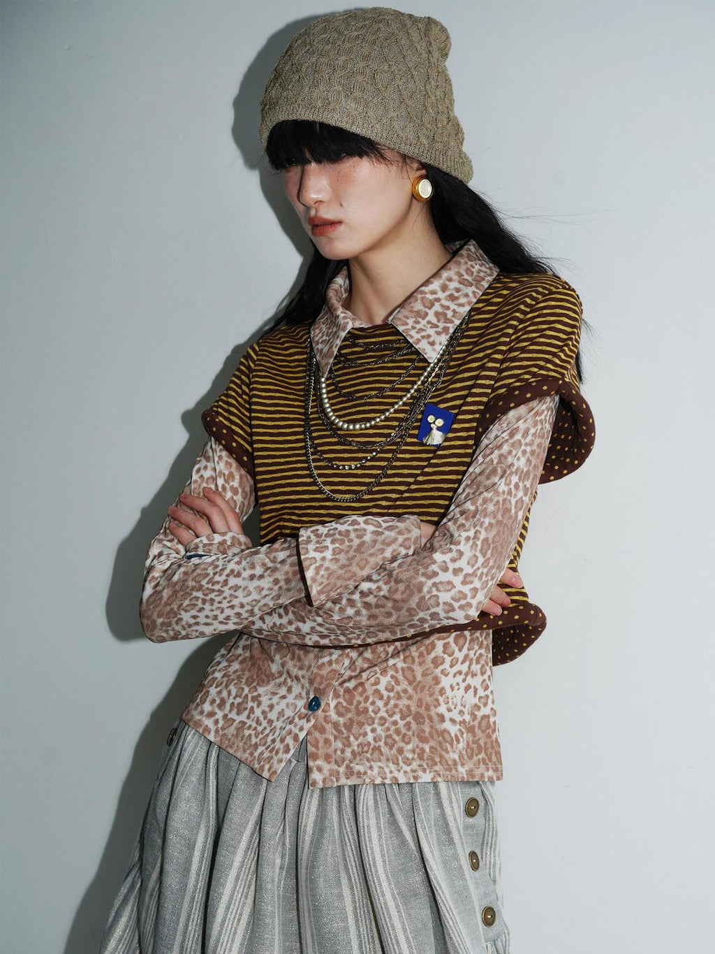 badtaste Patchwork Colorblock Retro Leopard Women's Knit Slim Fit Long Sleeve Overshirts