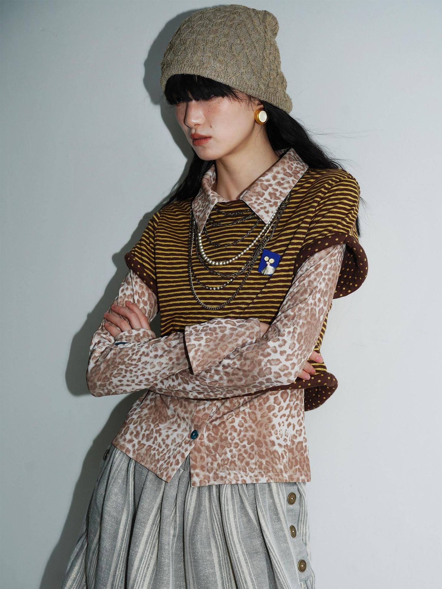 badtaste Patchwork Colorblock Retro Leopard Women's Knit Slim Fit Long Sleeve Overshirts