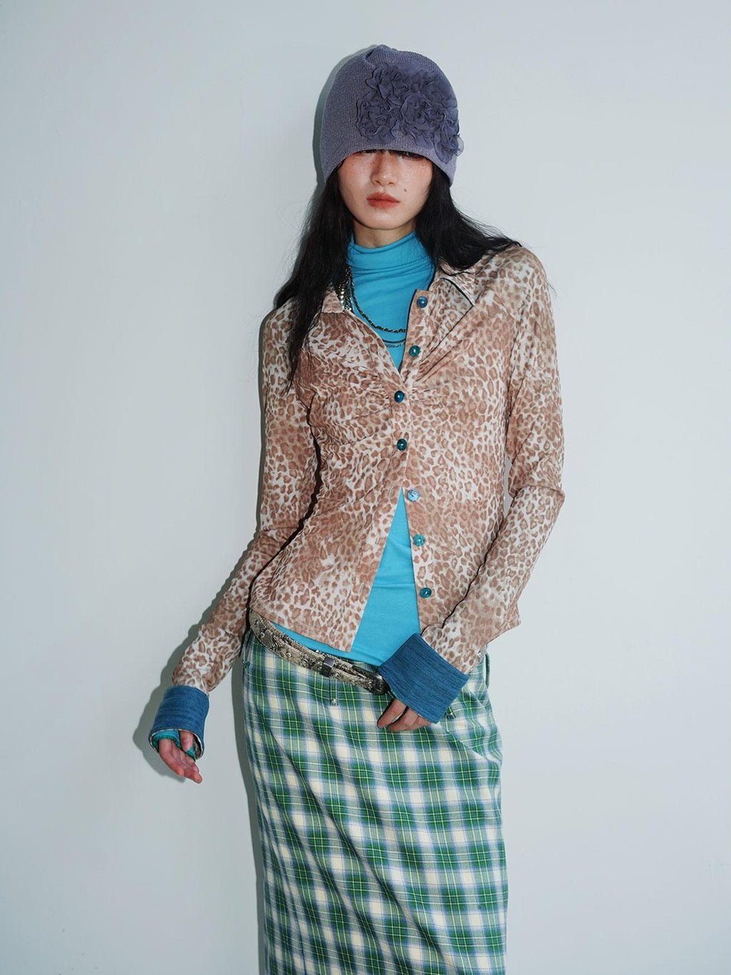 badtaste Patchwork Colorblock Retro Leopard Women's Knit Slim Fit Long Sleeve Overshirts