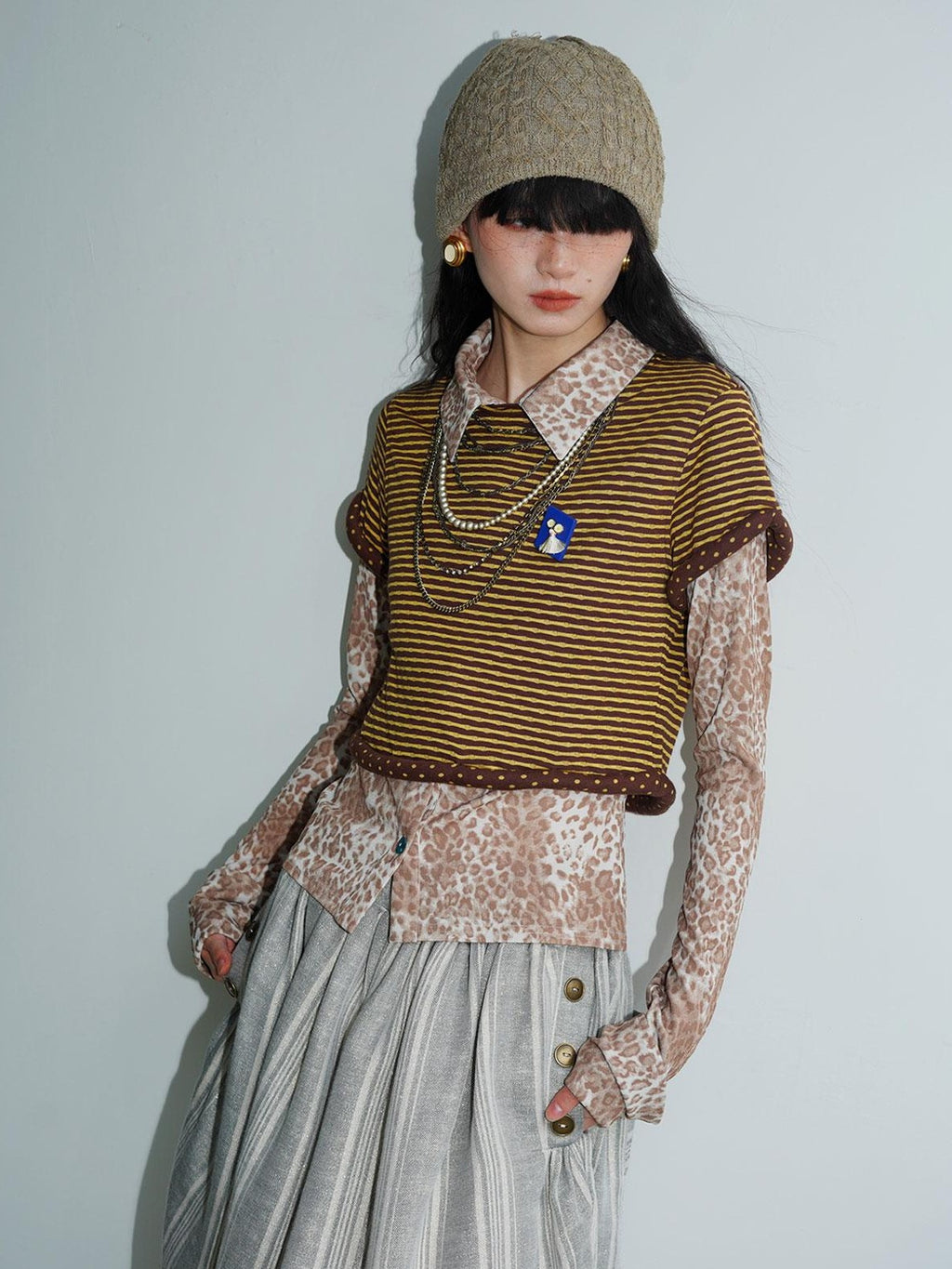 badtaste Patchwork Colorblock Retro Leopard Women's Knit Slim Fit Long Sleeve Overshirts