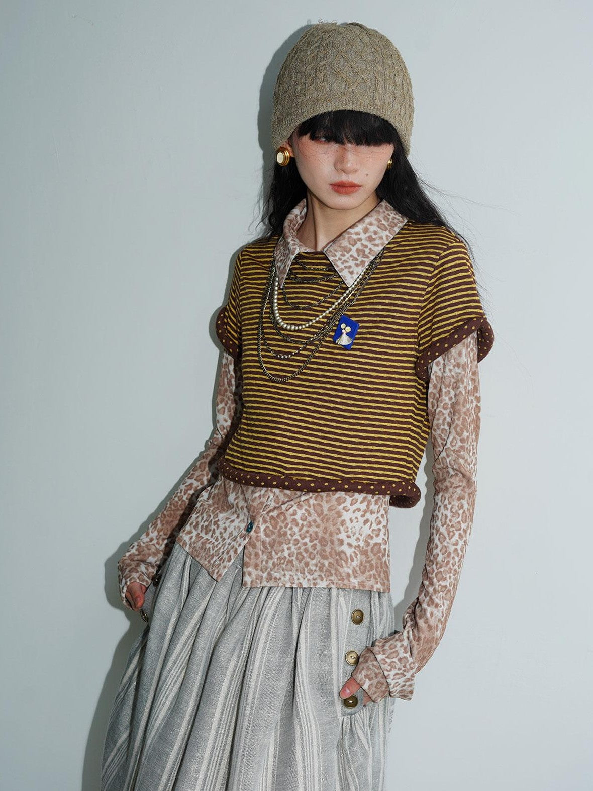 badtaste Patchwork Colorblock Retro Leopard Women's Knit Slim Fit Long Sleeve Overshirts