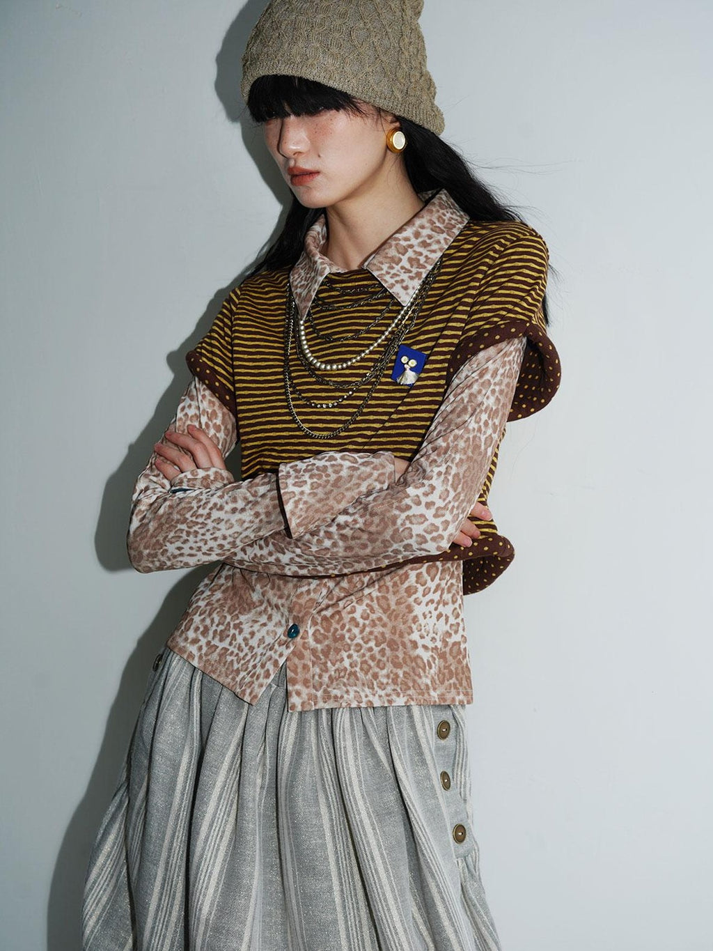 badtaste Patchwork Colorblock Retro Leopard Women's Knit Slim Fit Long Sleeve Overshirts