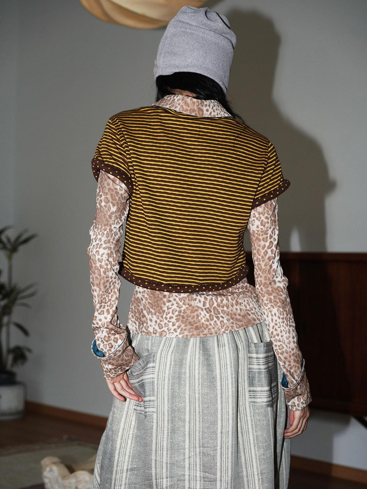badtaste Patchwork Colorblock Retro Leopard Women's Knit Slim Fit Long Sleeve Overshirts